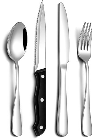 Stainless Steel Silverware Set with Steak Knives for Everyday Dining