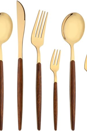 Gold Stainless Steel Flatware Set with Wooden Effect Handle