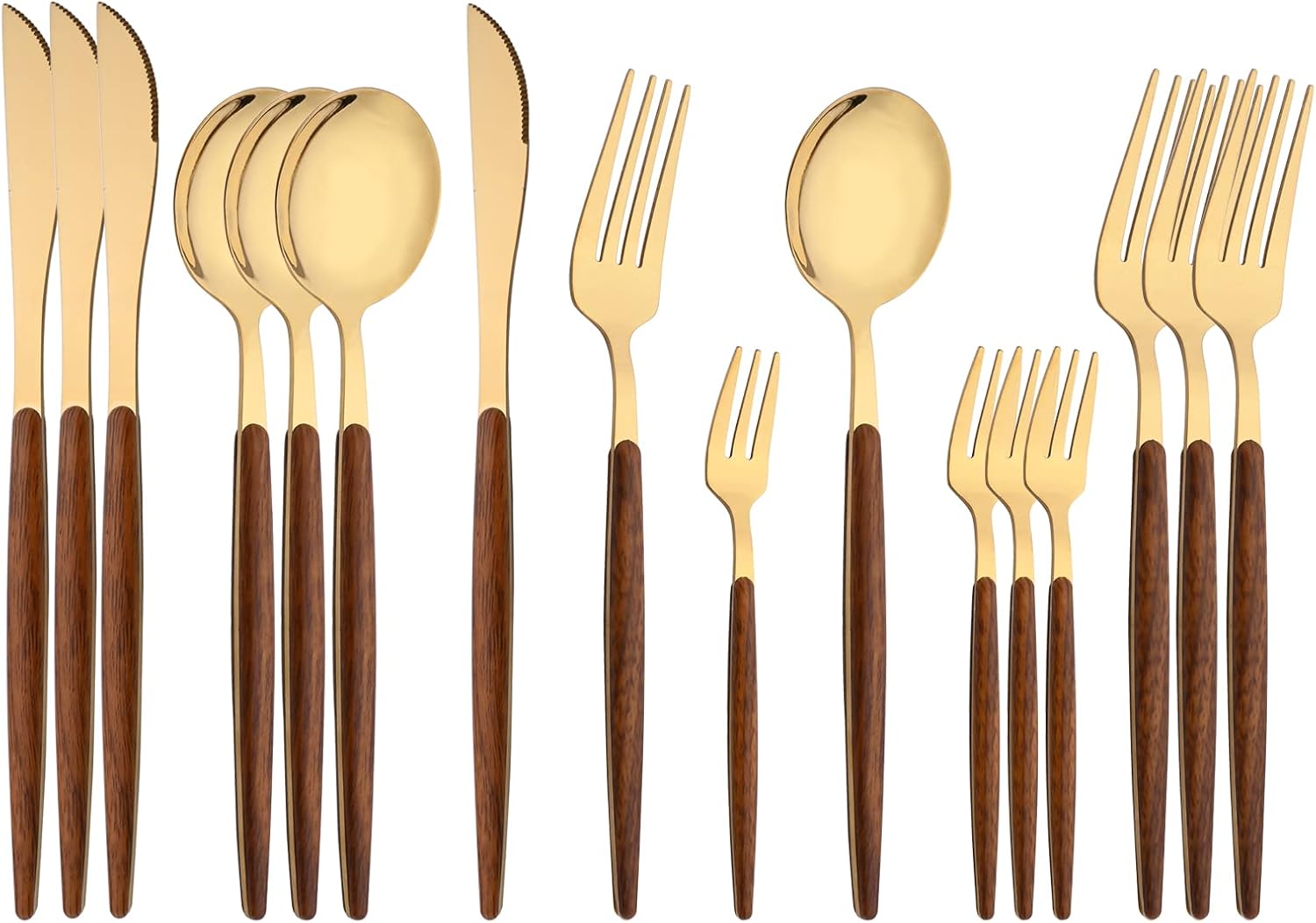 Gold Stainless Steel Flatware Set with Wooden Effect Handle